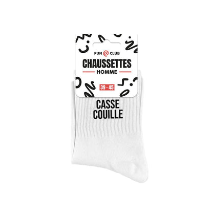 Chaussettes homme blanches message humoristique Casse couille Fun Club taille 39-45 coton côtelé