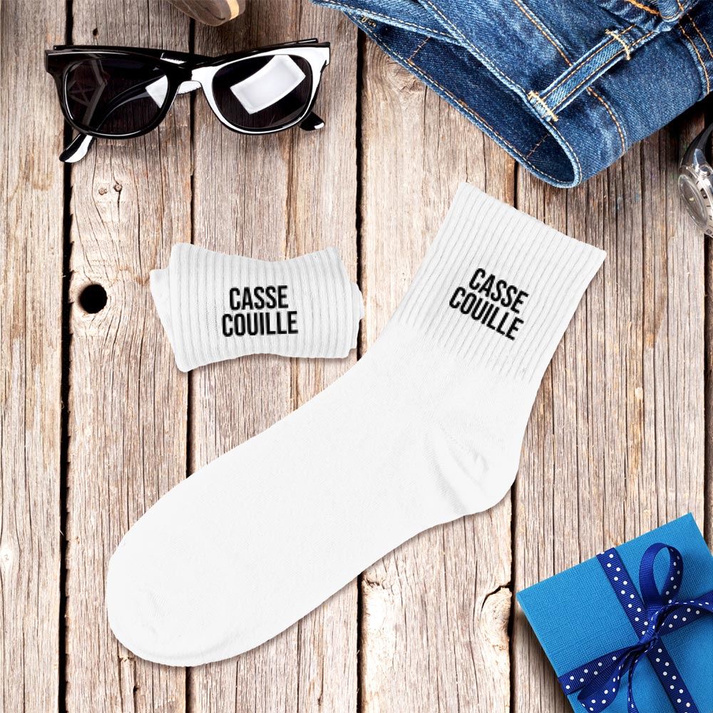 Chaussettes homme blanches message humour Casse Couille en coton côtelé, idée cadeau originale