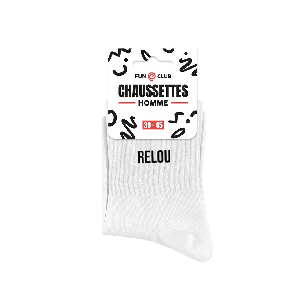 Chaussettes homme blanches message humour Relou Fun Club taille 39-45 coton côtelé