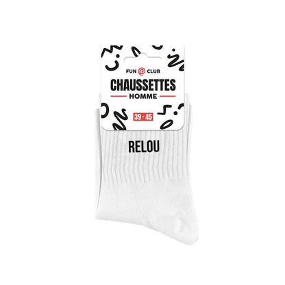 Chaussettes homme blanches message humour Relou Fun Club taille 39-45 coton côtelé