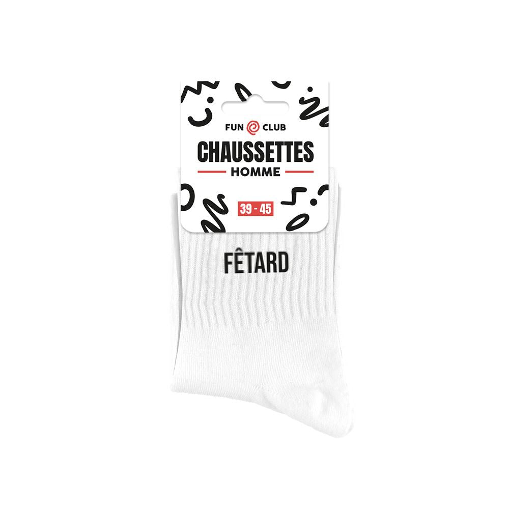 Chaussettes homme blanches message Fêtard Fun Club taille 39-45 idée cadeau humoristique