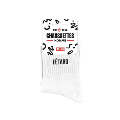Chaussettes homme blanches message Fêtard Fun Club taille 39-45 idée cadeau humoristique