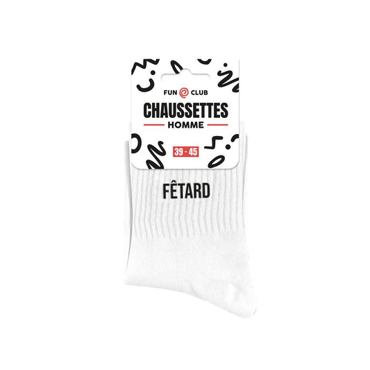 Chaussettes homme blanches message Fêtard Fun Club taille 39-45 idée cadeau humoristique