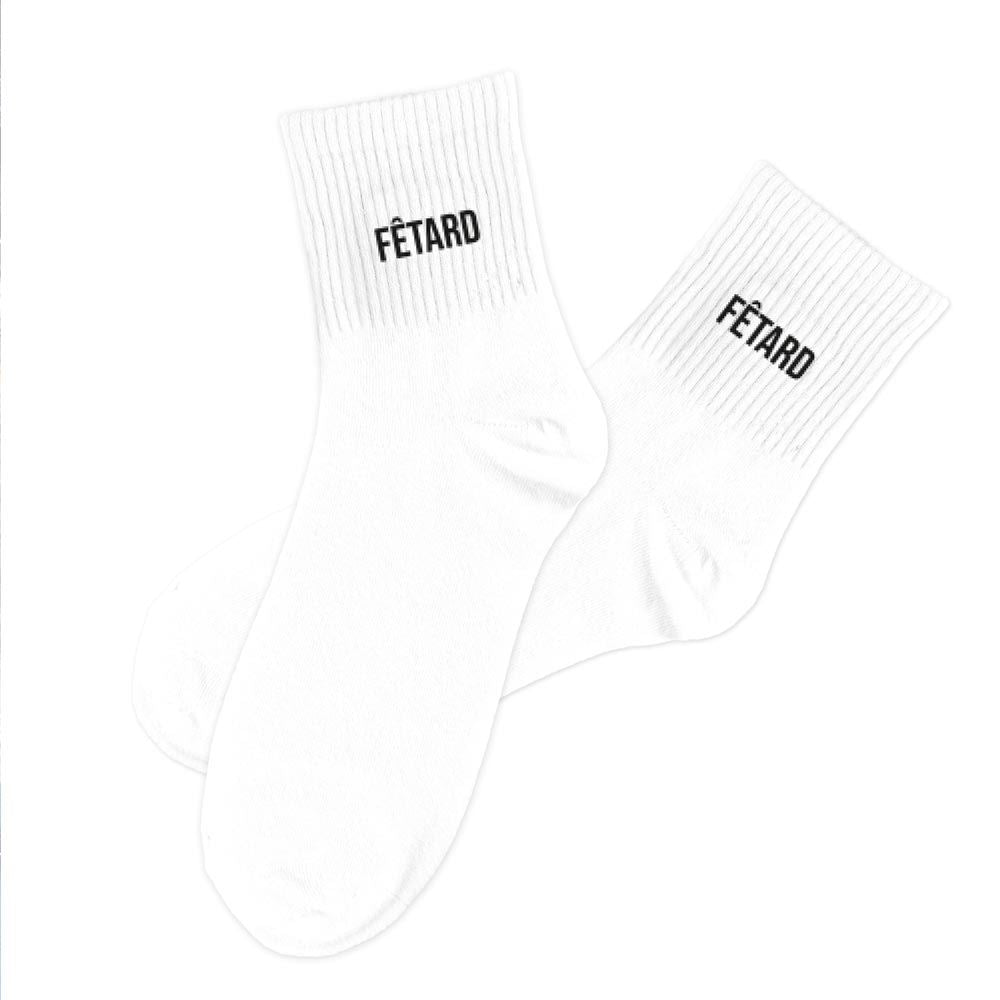 Chaussettes blanches homme côtelées avec message Fétard noir, chaussettes mi-mollet coton style streetwear décontracté