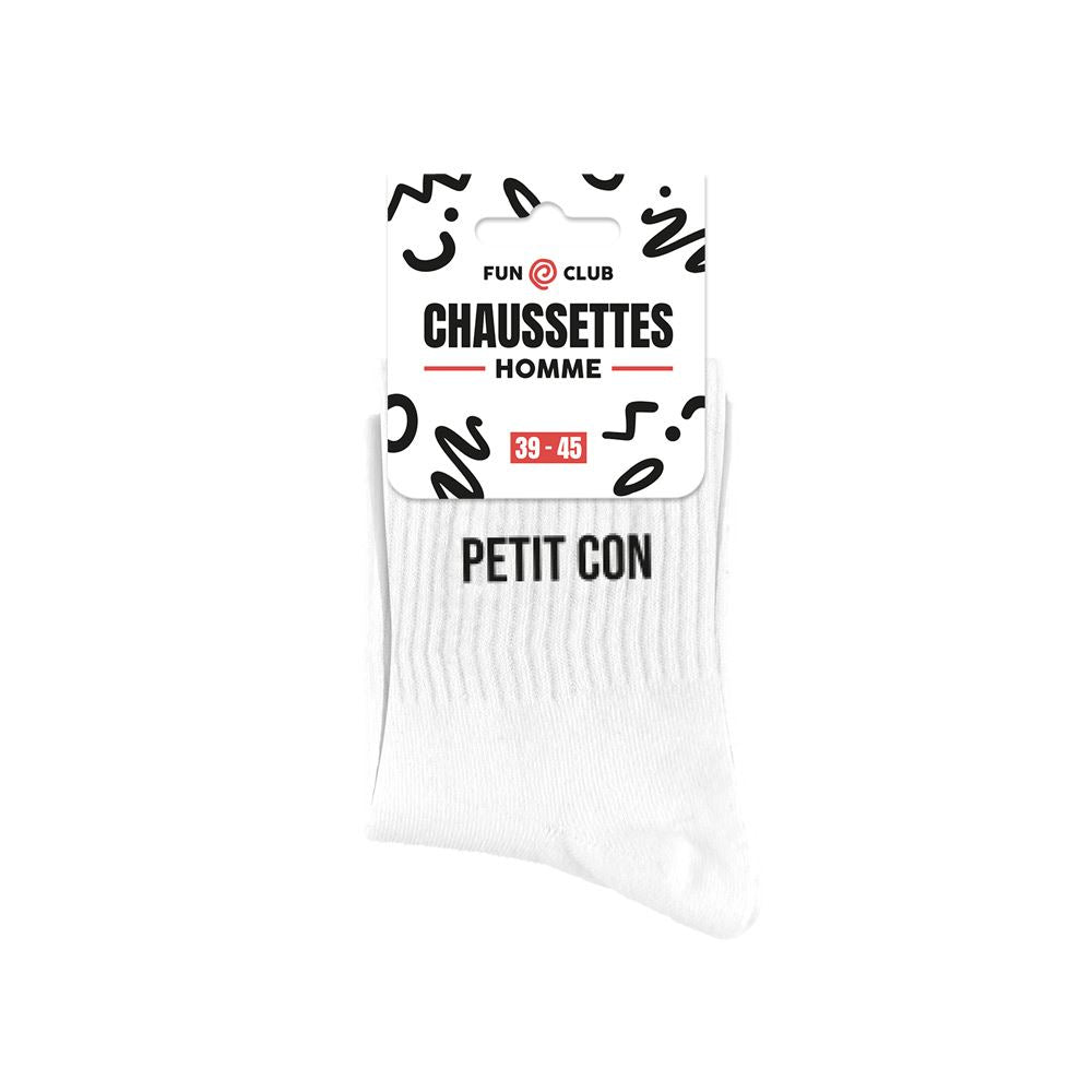 Chaussettes homme blanches message humoristique Petit con taille 39-45 Fun Club cadeau original
