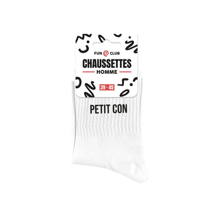 Chaussettes homme blanches message humoristique Petit con taille 39-45 Fun Club cadeau original