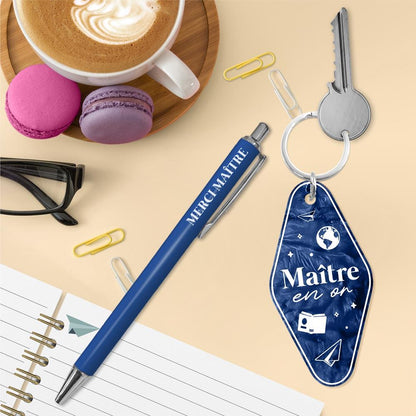 Duo porte-clés et stylo bleu marine Maître en or, coffret cadeau fin d'année maître école personnalisé