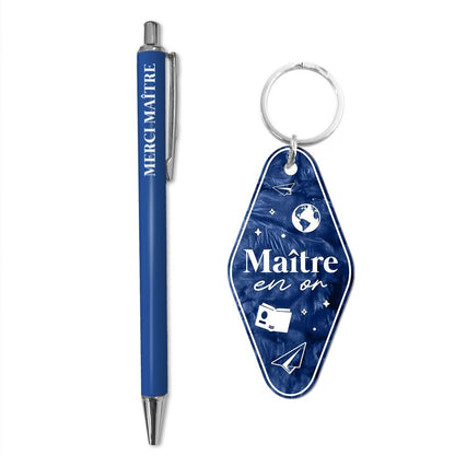 Duo porte-clés et stylo bleu marine Maître en or avec motifs écoliers, cadeau remerciement maître école original