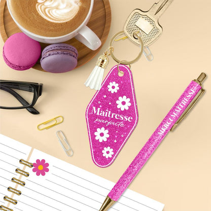 Duo porte-clés et stylo paillettes rose Maîtresse parfaite avec fleurs blanches, idée cadeau fin d'année maîtresse