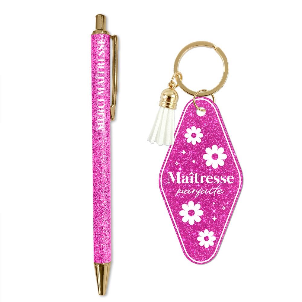 Duo porte-clés et stylo paillettes rose fuchsia Maîtresse parfaite avec pompon blanc idée cadeau fin d'année scolaire