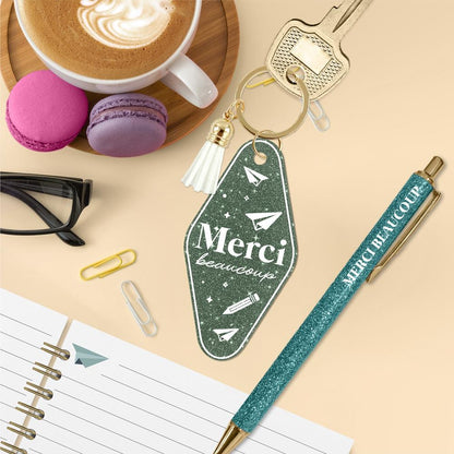 Duo porte-clés et stylo paillettes vert émeraude Merci beaucoup, accessoire cadeau remerciement maîtresse original