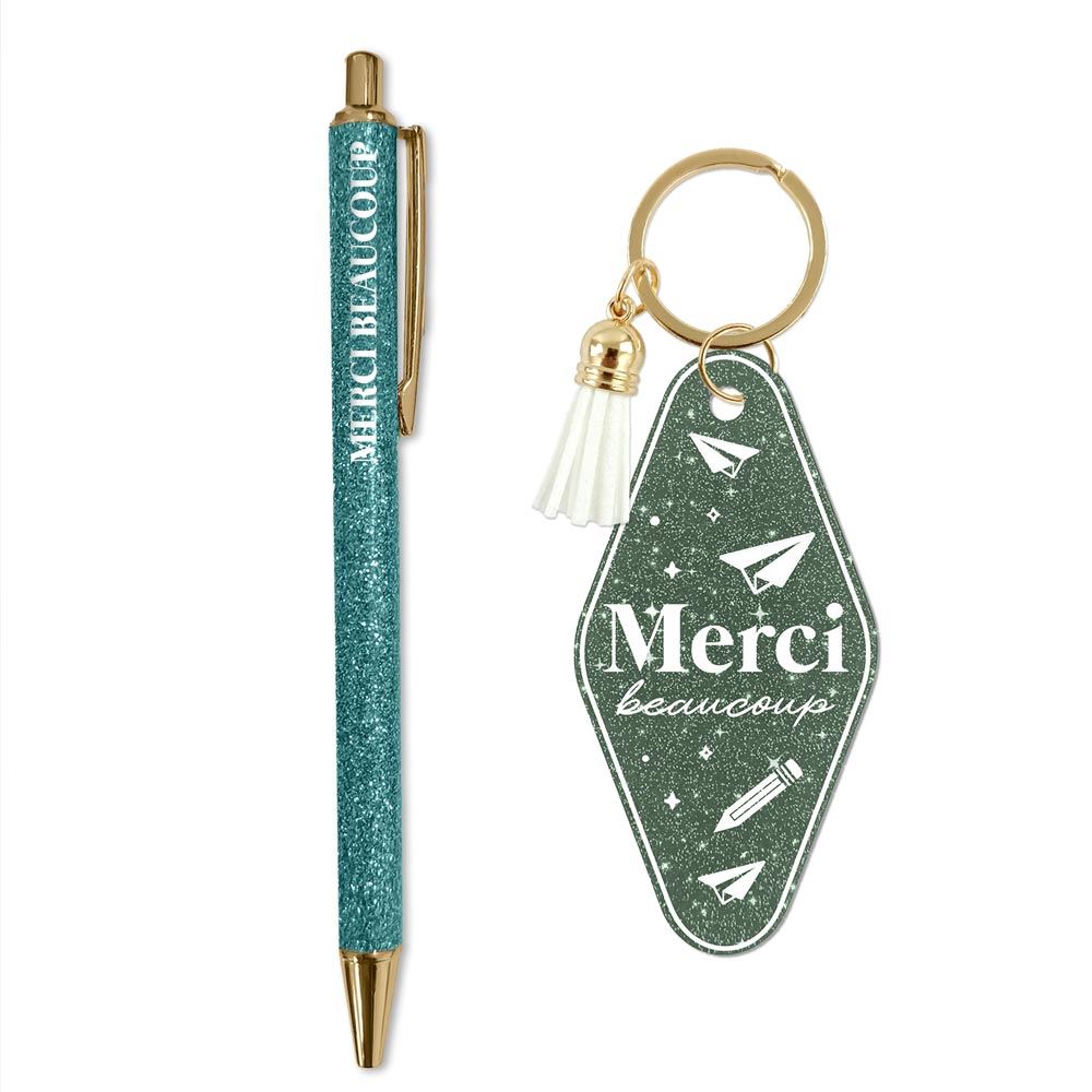 Duo accessoires paillettes porte-clés vert sapin et stylo turquoise Merci beaucoup idée cadeau remerciement original