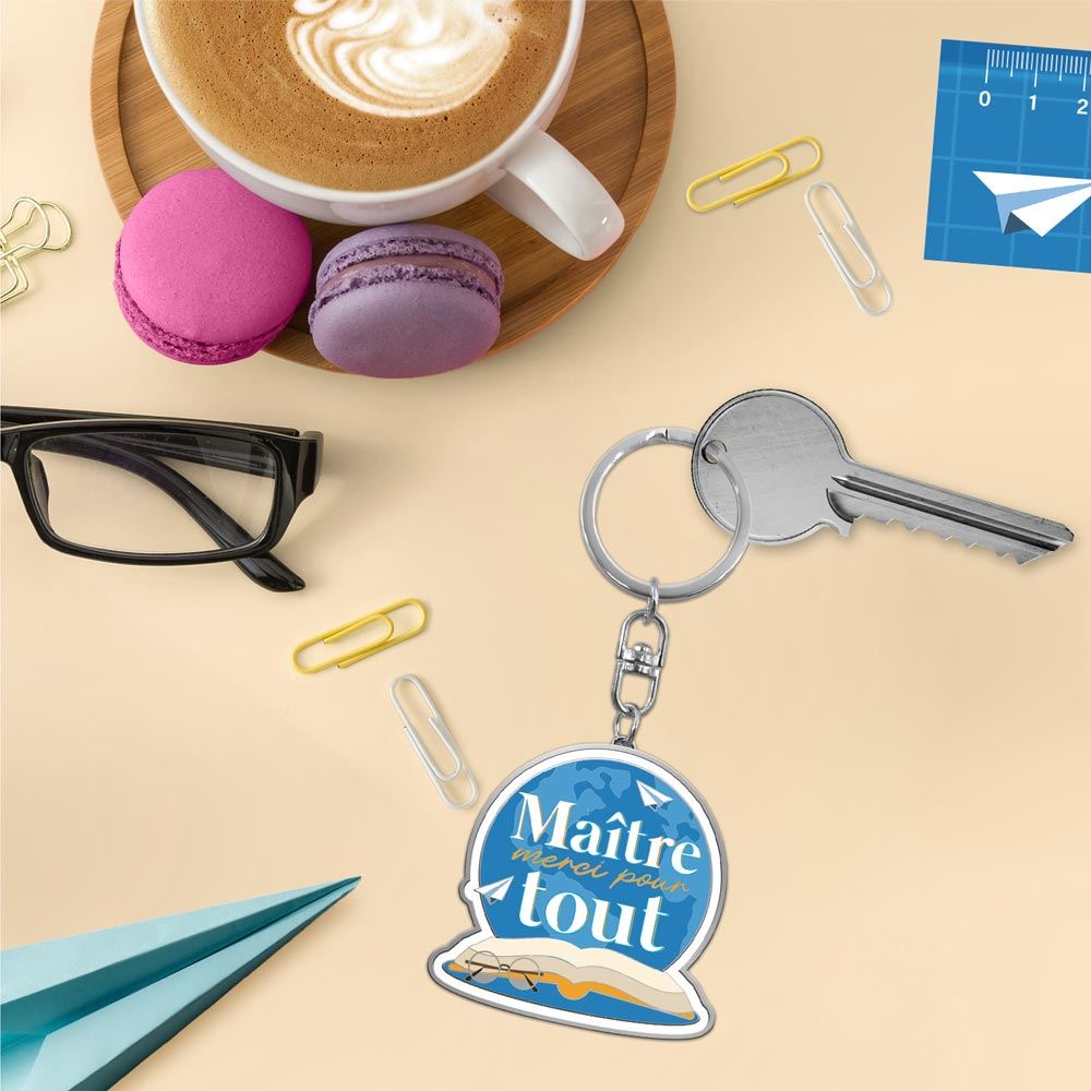 Porte-clés cadeau maître école bleu avec message Maître merci pour tout et design livre lunettes idée fin d'année