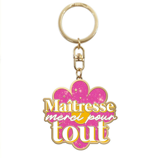 Porte-clés doré Maîtresse merci pour tout forme fleur rose pailletée cadeau fin d'année maîtresse école