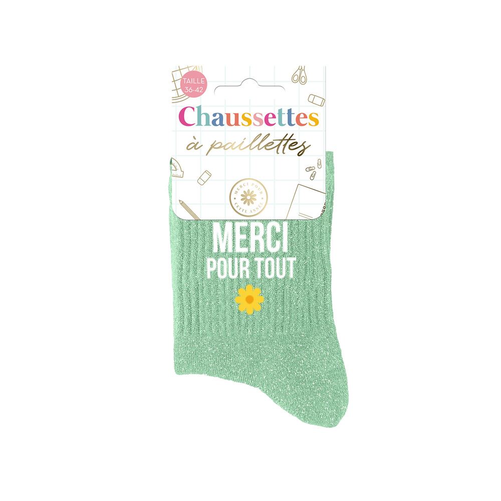 Chaussettes à paillettes vert menthe message Merci pour tout motif fleur jaune idée cadeau remerciement femme taille 36-42
