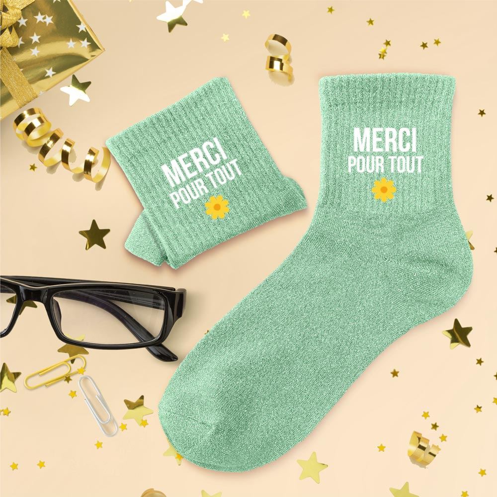Chaussettes paillettes vert menthe Merci pour tout avec fleur jaune, idée cadeau remerciement femme