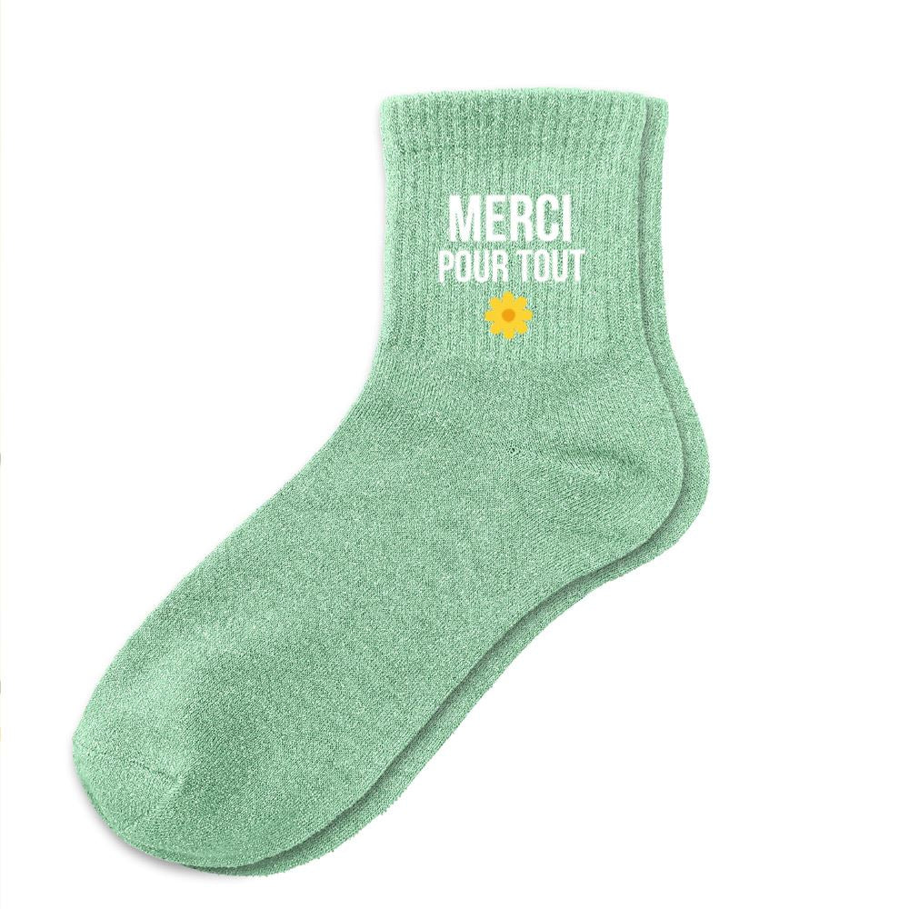 Chaussettes à paillettes vert menthe Merci pour tout avec fleur jaune, idée cadeau remerciement femme