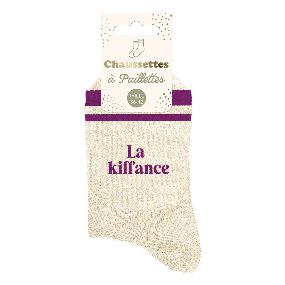 Chaussettes à paillettes dorées La kiffance avec bandes violettes taille 36-42 femme style tendance