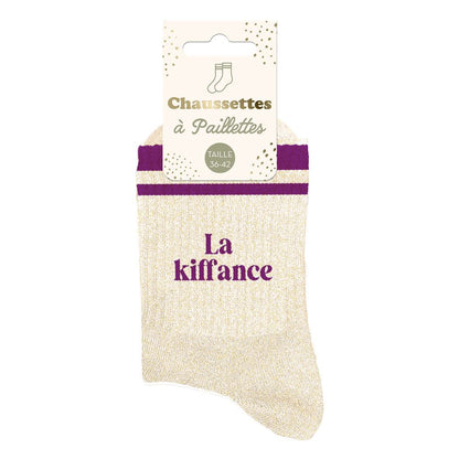 Chaussettes à paillettes dorées La kiffance avec bandes violettes taille 36-42 femme style tendance