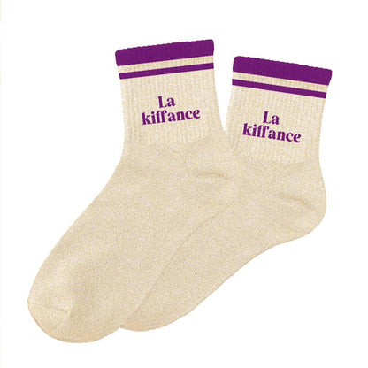 Chaussettes à paillettes dorées La kiffance avec bandes violettes style rétro femme