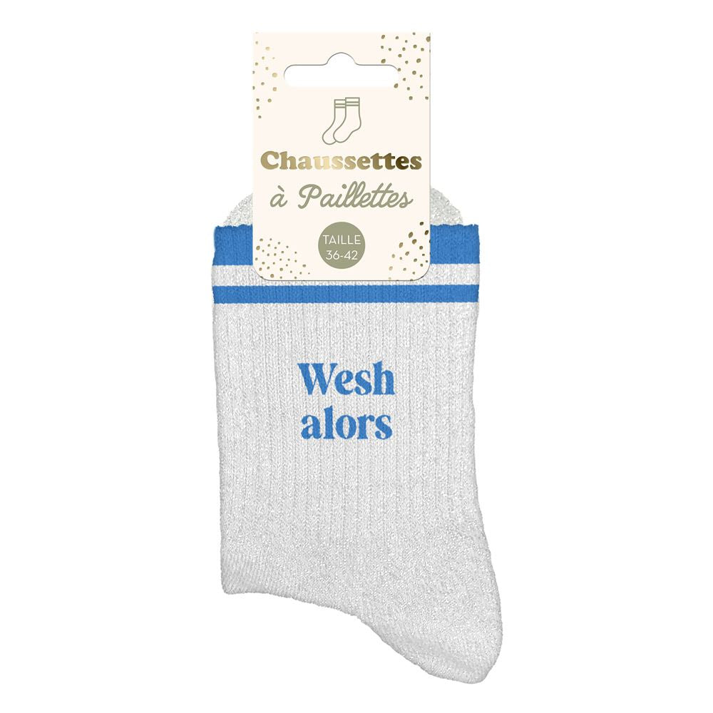 Chaussettes à paillettes argentées avec bandes bleues et inscription Wesh alors taille 36-42 femme