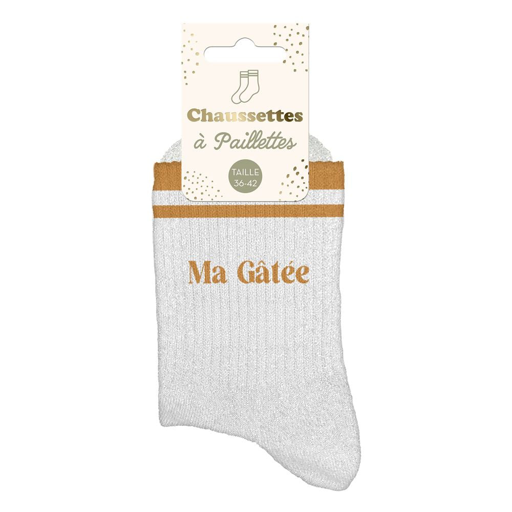Chaussettes à paillettes argentées Ma Gâtée avec bande dorée femme taille 36-42