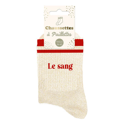 Chaussettes à paillettes dorées femme avec inscription Le sang et bandes rouges taille 36-42