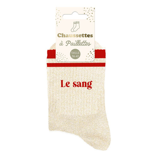 Chaussettes à paillettes dorées femme avec inscription Le sang et bandes rouges taille 36-42