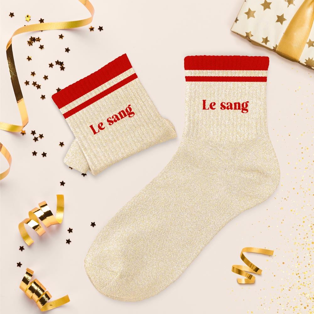 Chaussettes paillettes dorées Le sang bandes rouges style sporty chic femme
