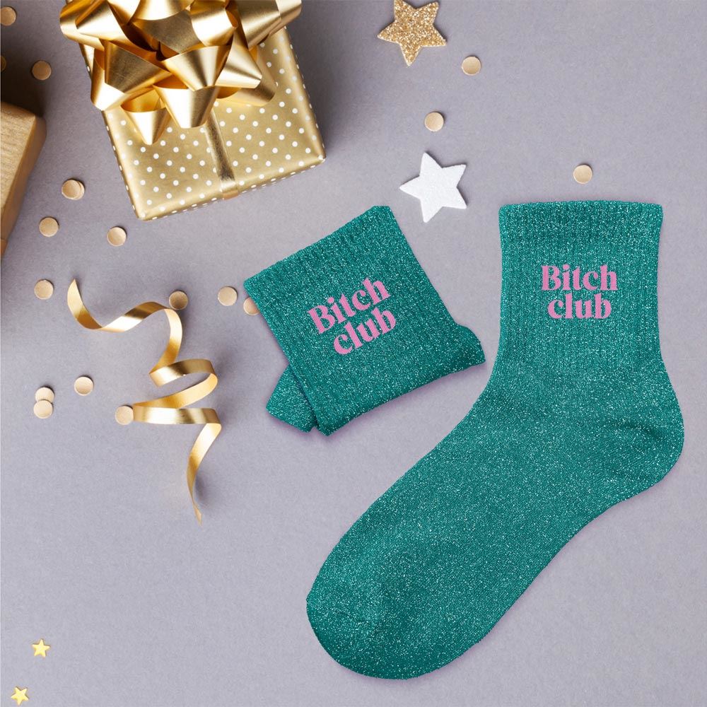 Chaussettes à paillettes vertes Bitch club inscription rose femme accessoire mode tendance original