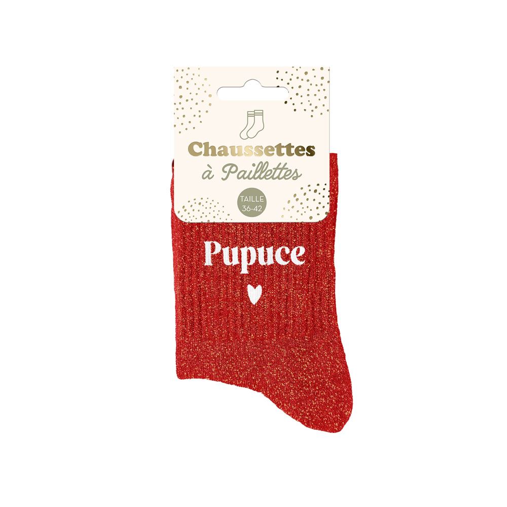 Chaussettes à paillettes rouges Pupuce avec cœur, taille 36-42, idée cadeau femme originale