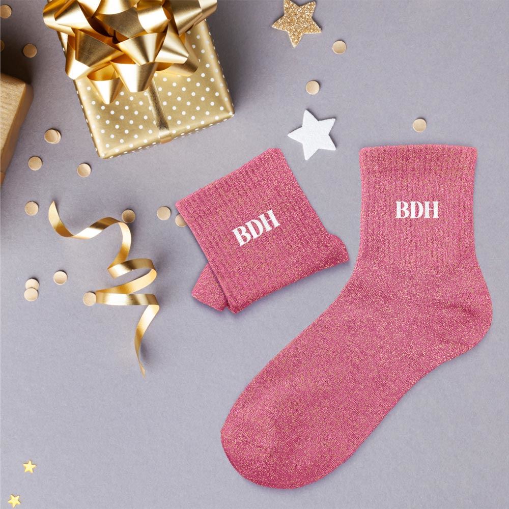 Chaussettes à paillettes roses personnalisées initiales BDH, chaussettes brillantes femme coffret cadeau doré