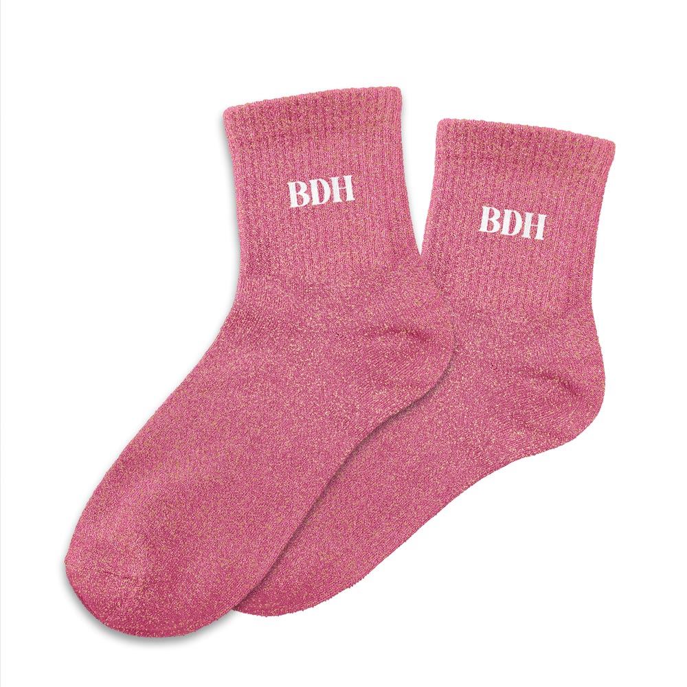 Chaussettes roses à paillettes BDH mi-hautes femme, maille brillante effet lurex doré