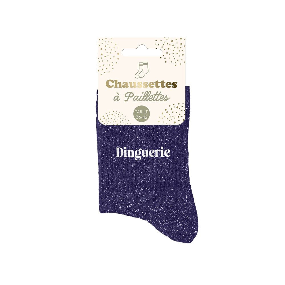 Chaussettes à paillettes bleu marine femme avec inscription Dinguerie taille 36-42 idée cadeau original