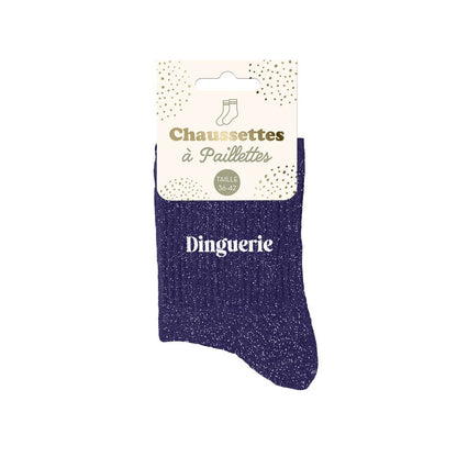 Chaussettes à paillettes bleu marine femme avec inscription Dinguerie taille 36-42 idée cadeau original