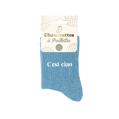 Chaussettes à paillettes bleu ciel C'est Ciao femme taille 36-42 côtelées brillantes