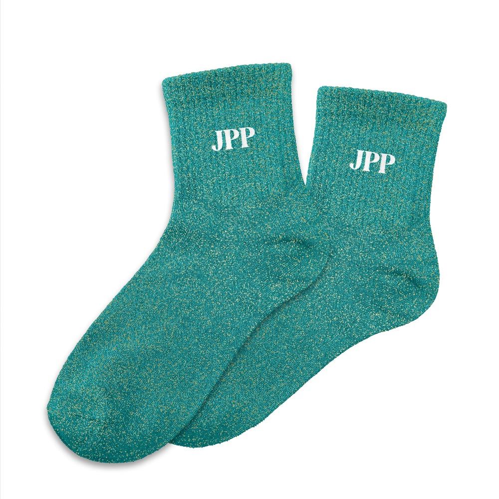 Chaussettes à paillettes turquoise JPP femme, maille brillante effet scintillant, style tendance mi-mollet