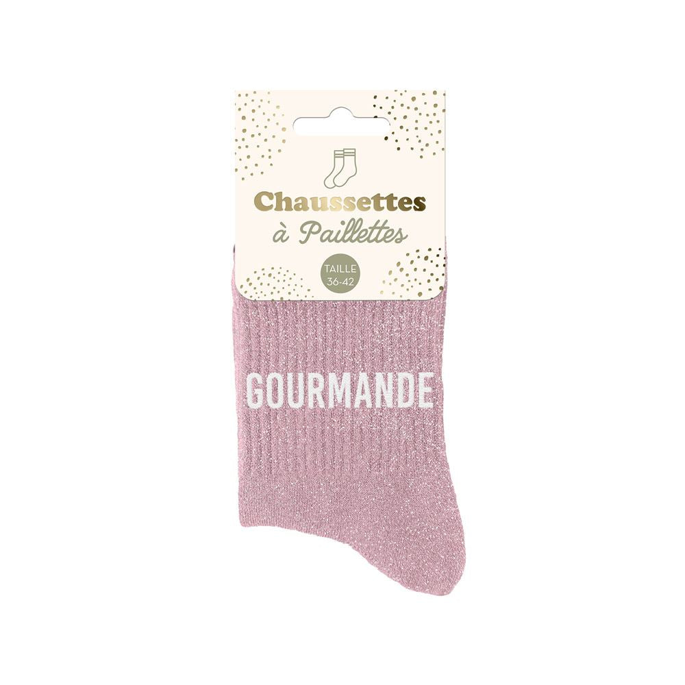Chaussettes à paillettes rose poudré femme avec inscription Gourmande taille 36-42 brillantes et féminines