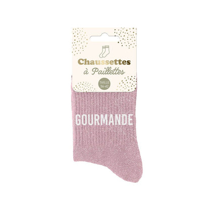Chaussettes à paillettes rose poudré femme avec inscription Gourmande taille 36-42 brillantes et féminines
