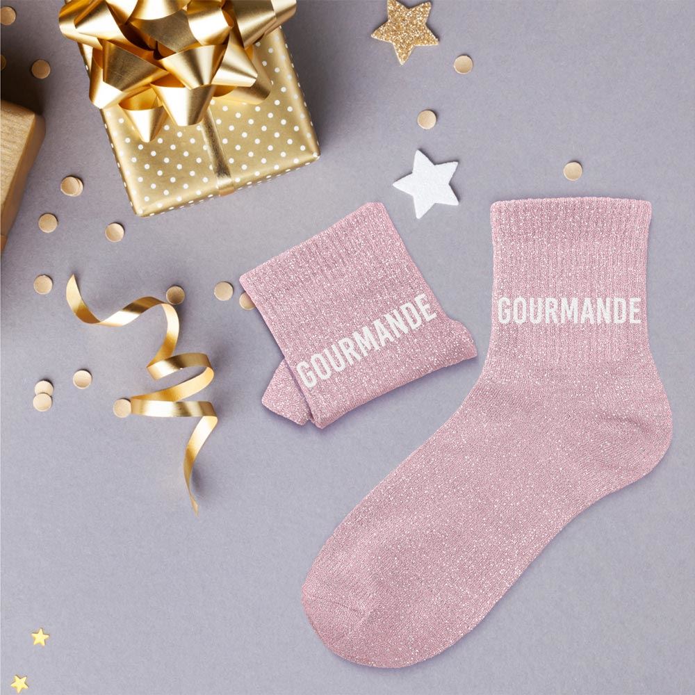 Chaussettes roses à paillettes Gourmande pour femme, chaussettes fantaisie brillantes idée cadeau