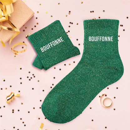 Chaussettes paillettes vertes Bouffonne femme, chaussettes fantaisie brillantes à message humour