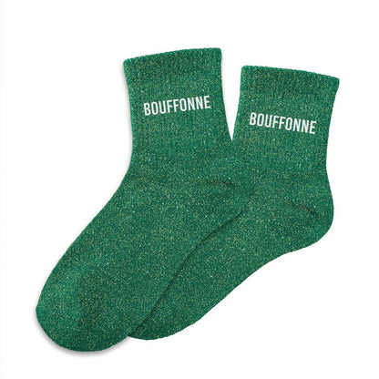 Chaussettes à paillettes vertes Bouffonne femme, maille brillante effet lurex, style fantaisie original