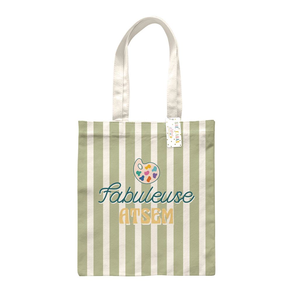 Tote bag rayures vert sauge et blanc Fabuleuse ATSEM avec palette peinture cadeau maîtresse école