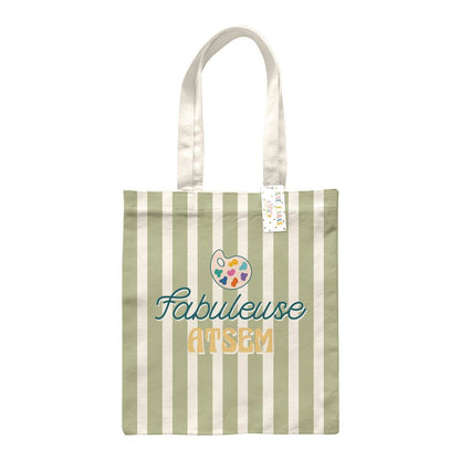 Tote bag rayures vert sauge et blanc Fabuleuse ATSEM avec palette peinture cadeau maîtresse école