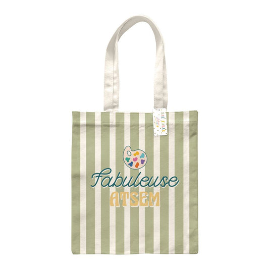 Tote bag rayures vert sauge et blanc Fabuleuse ATSEM avec palette peinture cadeau maîtresse école