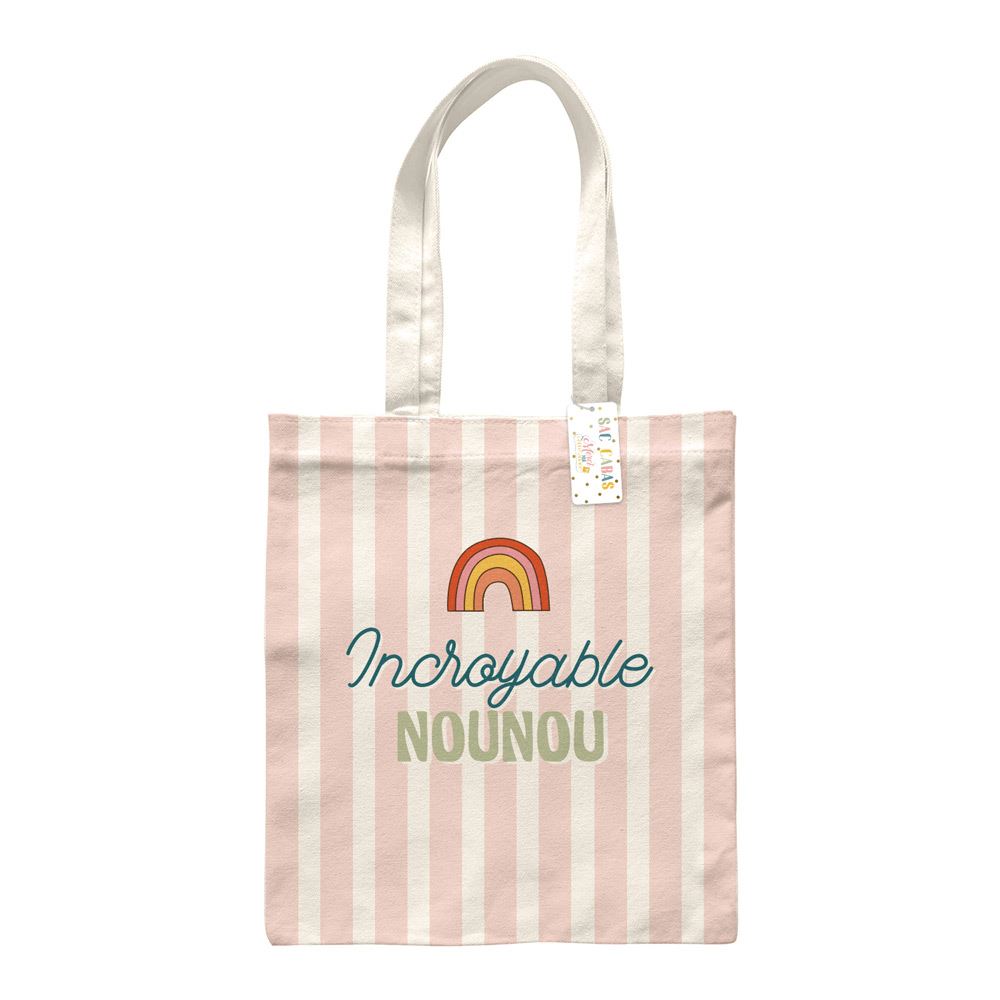 Tote bag rayures rose et blanc incroyable nounou arc-en-ciel cadeau assistante maternelle sac cabas coton
