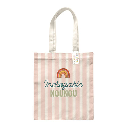 Tote bag rayures rose et blanc incroyable nounou arc-en-ciel cadeau assistante maternelle sac cabas coton
