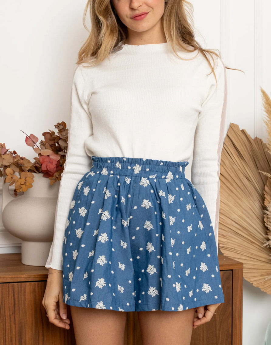 Short Assia - Short bleu imprimé taille haute fluide été