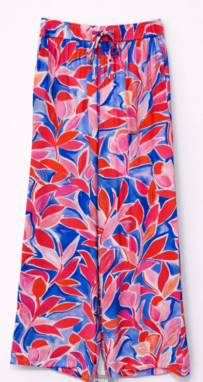 Pantalon Maya fluide imprimé tropical bleu et rouge taille élastique femme style bohème chic été