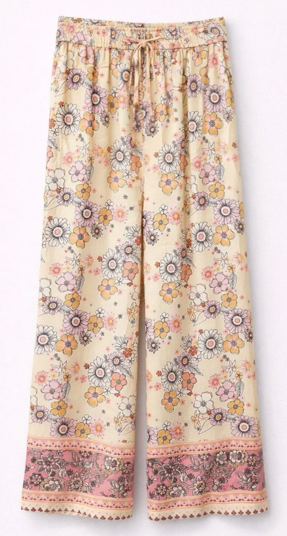 Pantalon fluide beige imprimé floral bohème femme avec bordure rose et taille élastique à nouer